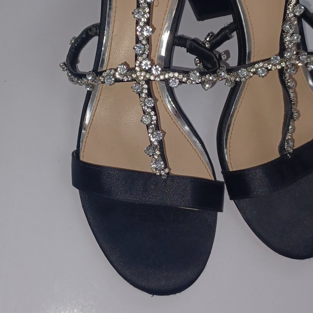 Badgley Mischka Jewel Black Satin Embellished Sandals Heels - Picture 2 of 9